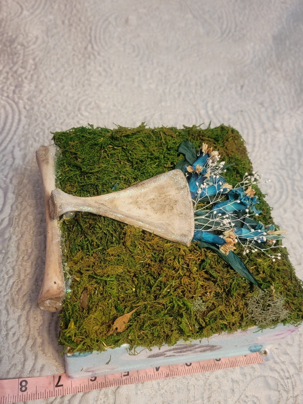 Handcrafted Moss Bone Floral Accent with Teal Blue Bouquet